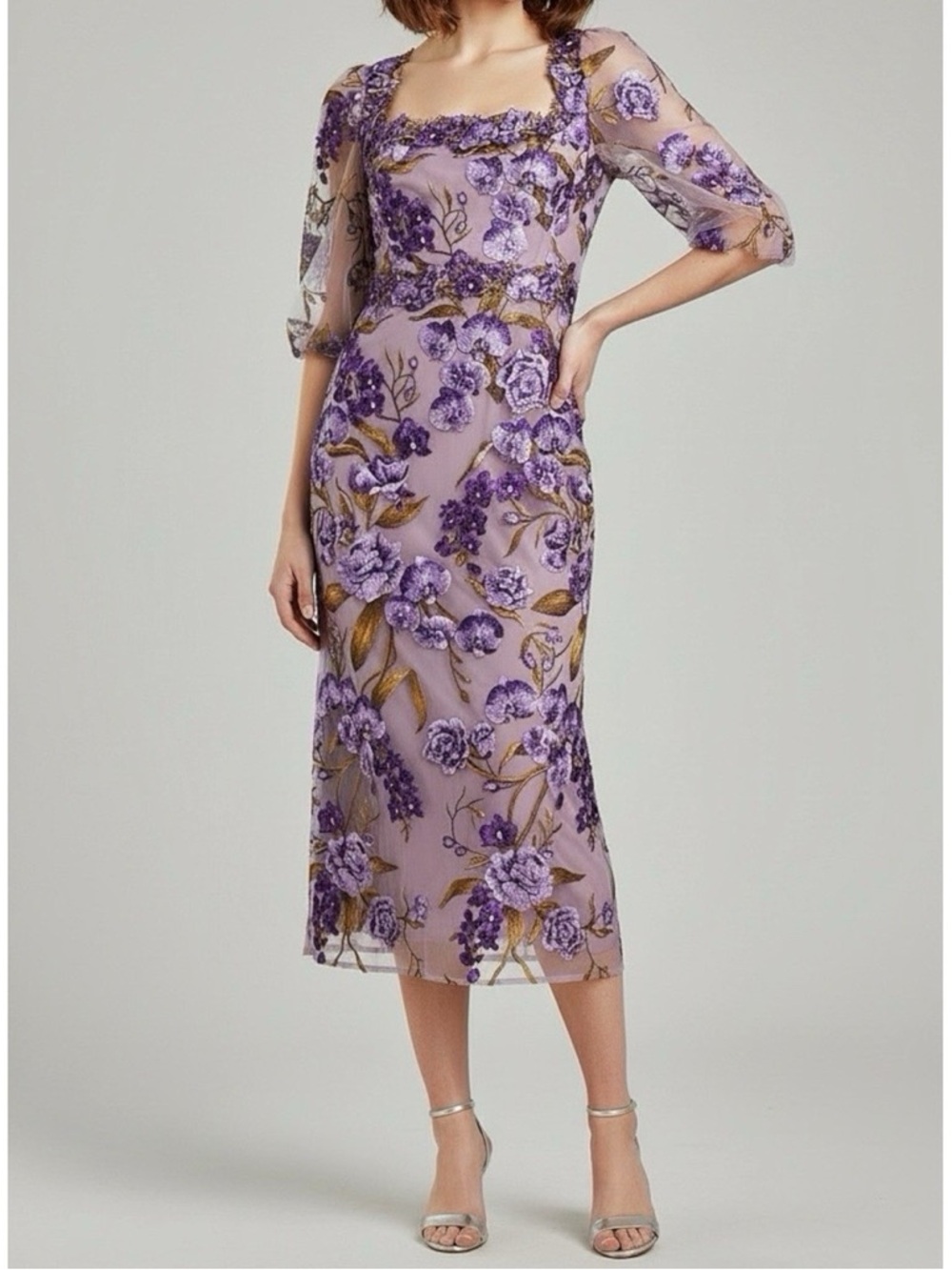 MARCHESA NOTTE Orchid & Rose Embroidered Tulle Cocktail Dress, Purple, 2 (US)